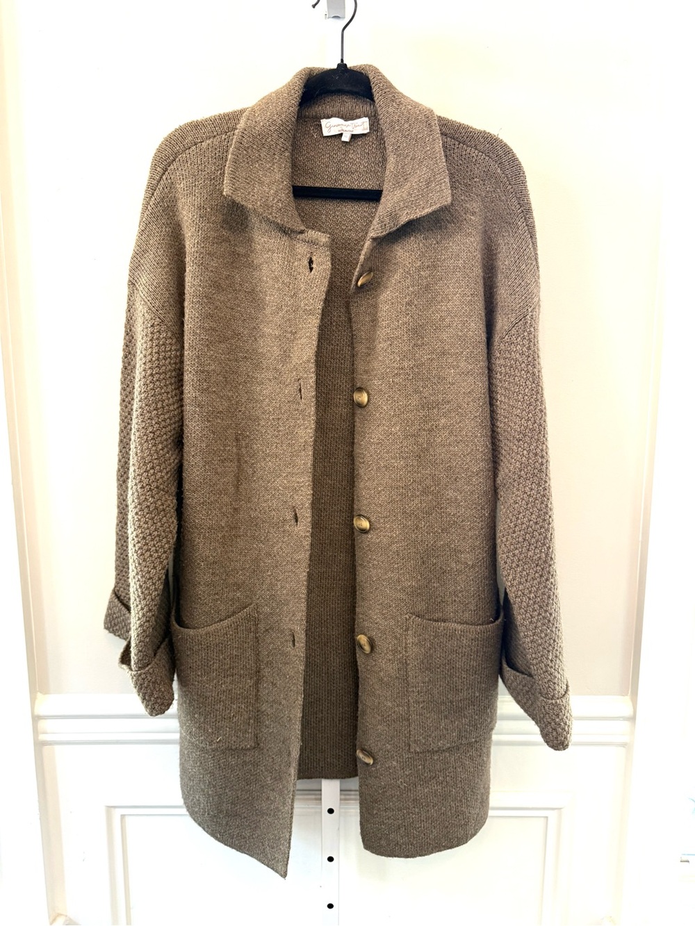 Giovanna Tricot Italy Wool Blend Long Cardigan Taupe Sz XL Pockets Buttons
